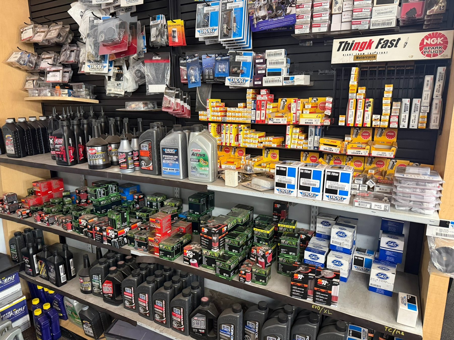 Shelves of motorcycle parts and supplies